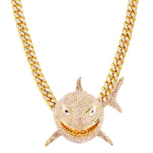 xikui ice out pendant necklace, miami 15mm cuban/twist 4mm chain necklace, gold/silver pendant chain for men women (gold shark with 22inch cuban chain)