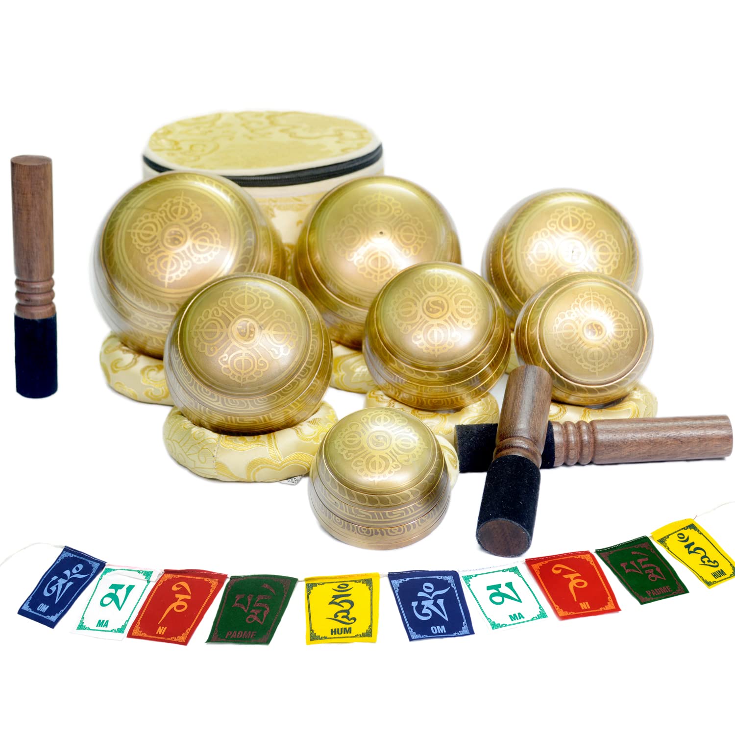 Tibetan Singing Bowl Set of 7 Himalayan Bowl Vajra Engraved Chakra bowl Authentic 7 metals Handmade in Nepal for Yoga, Chakra healing, Deep Relaxation Mindfulness