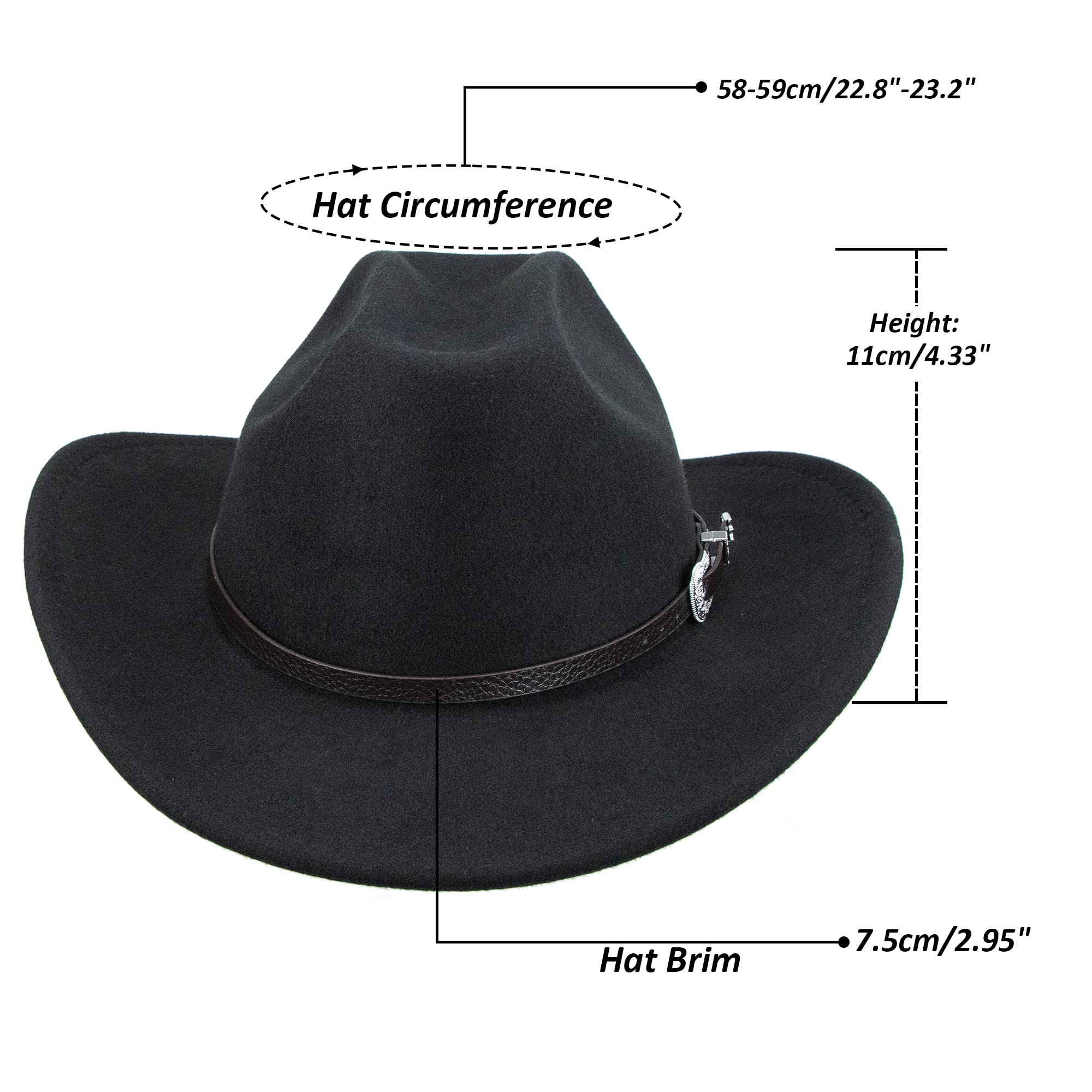 FGSS Classic Felt-Western-Cowboy-Cowgirl-Hats for Women-Men Fedora-Jazz-Hat with Belt(Lagre)