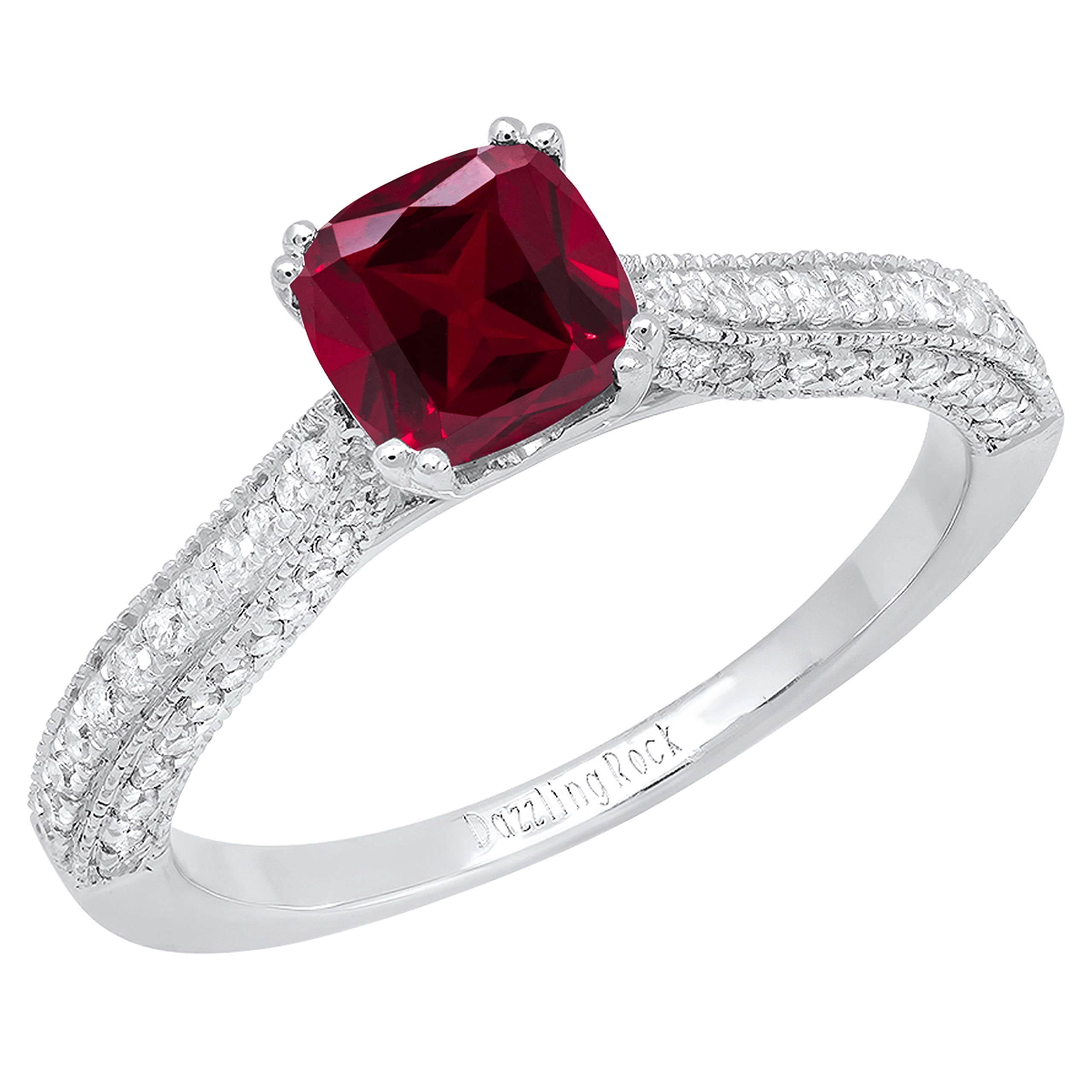 Dazzlingrock Collection 18K 6 MM Cushion Created Ruby And Round Diamond Women Ring, White Gold, Size 9