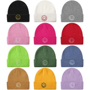 12 pieces knit beanie hat with smile face embroidered acrylic soft winter hats stretchy smile beanie hats for men women (bright colors)