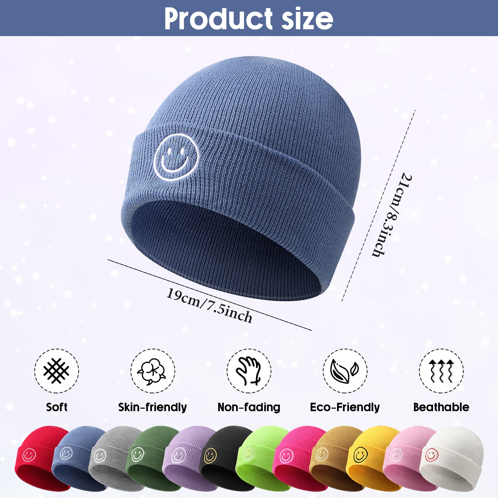 12 Pieces Knit Beanie Hat with Smile Face Embroidered Acrylic Soft Winter Hats Stretchy Smile Beanie Hats for Men Women (Bright Colors)