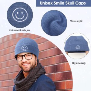 12 Pieces Knit Beanie Hat with Smile Face Embroidered Acrylic Soft Winter Hats Stretchy Smile Beanie Hats for Men Women (Bright Colors)