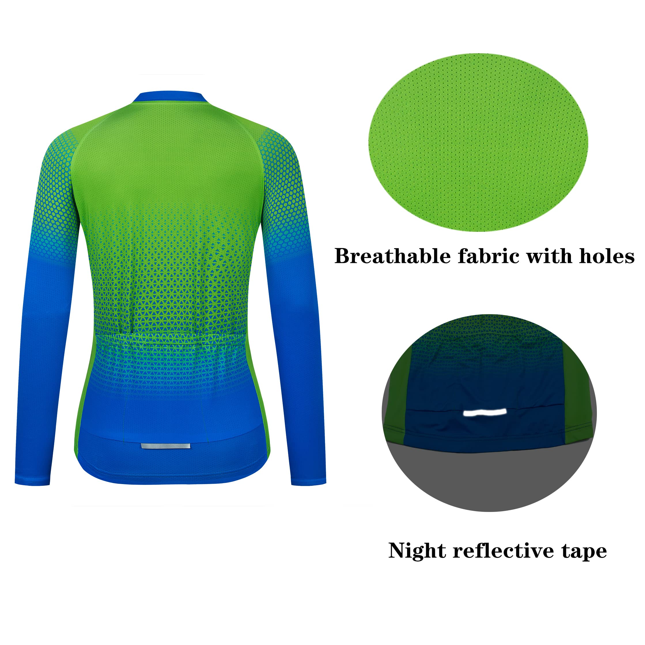 YOUALSO Bike Jersey Women Long Sleeve Cycling Shirt With Pockets Green Dots M