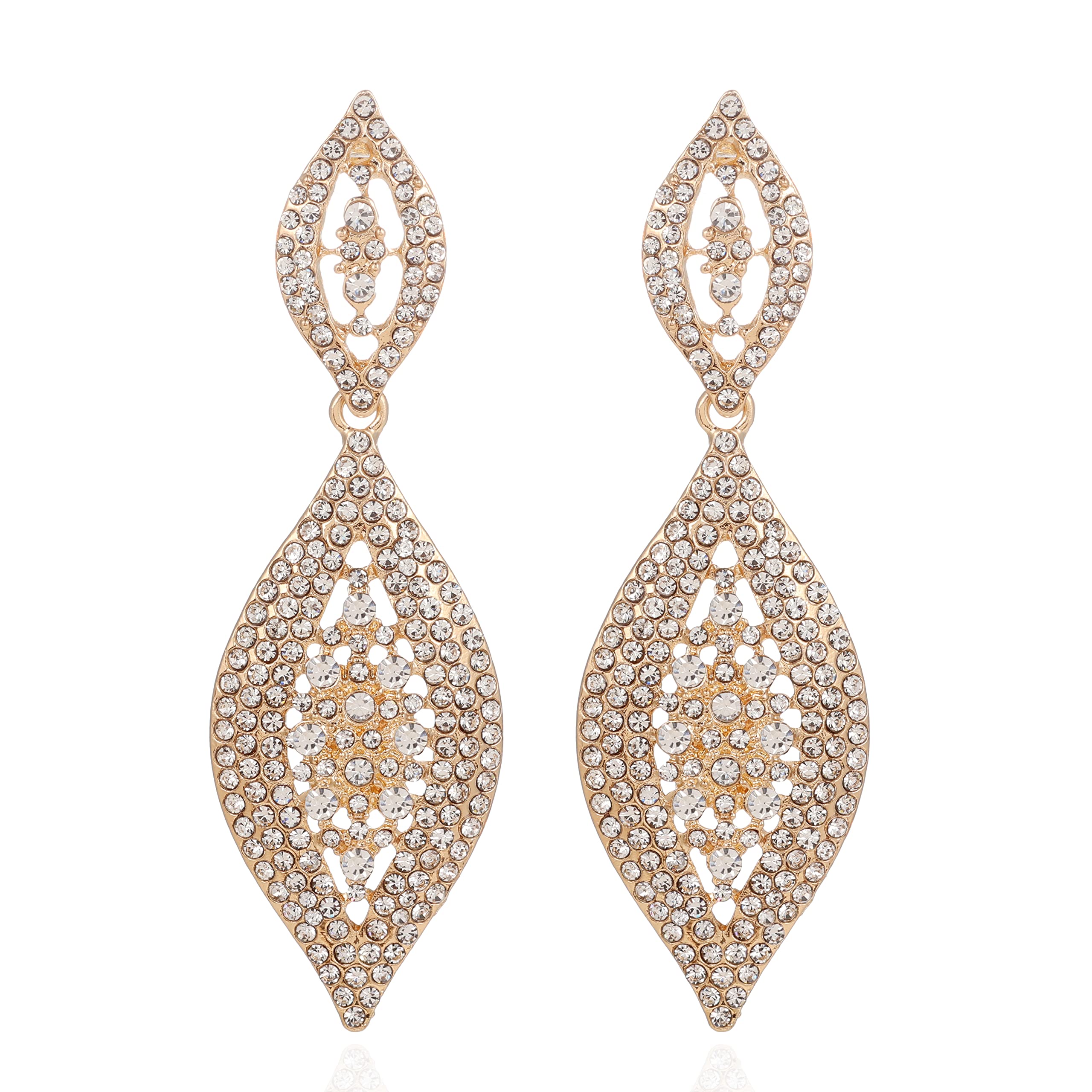 VANGETIMI Fashion Champagne Rhinestone Crystal Wedding Earrings for Women Bridal Bridesmaid Long Leaf Chandelier Teardrop Dangle Earrings Jewelry