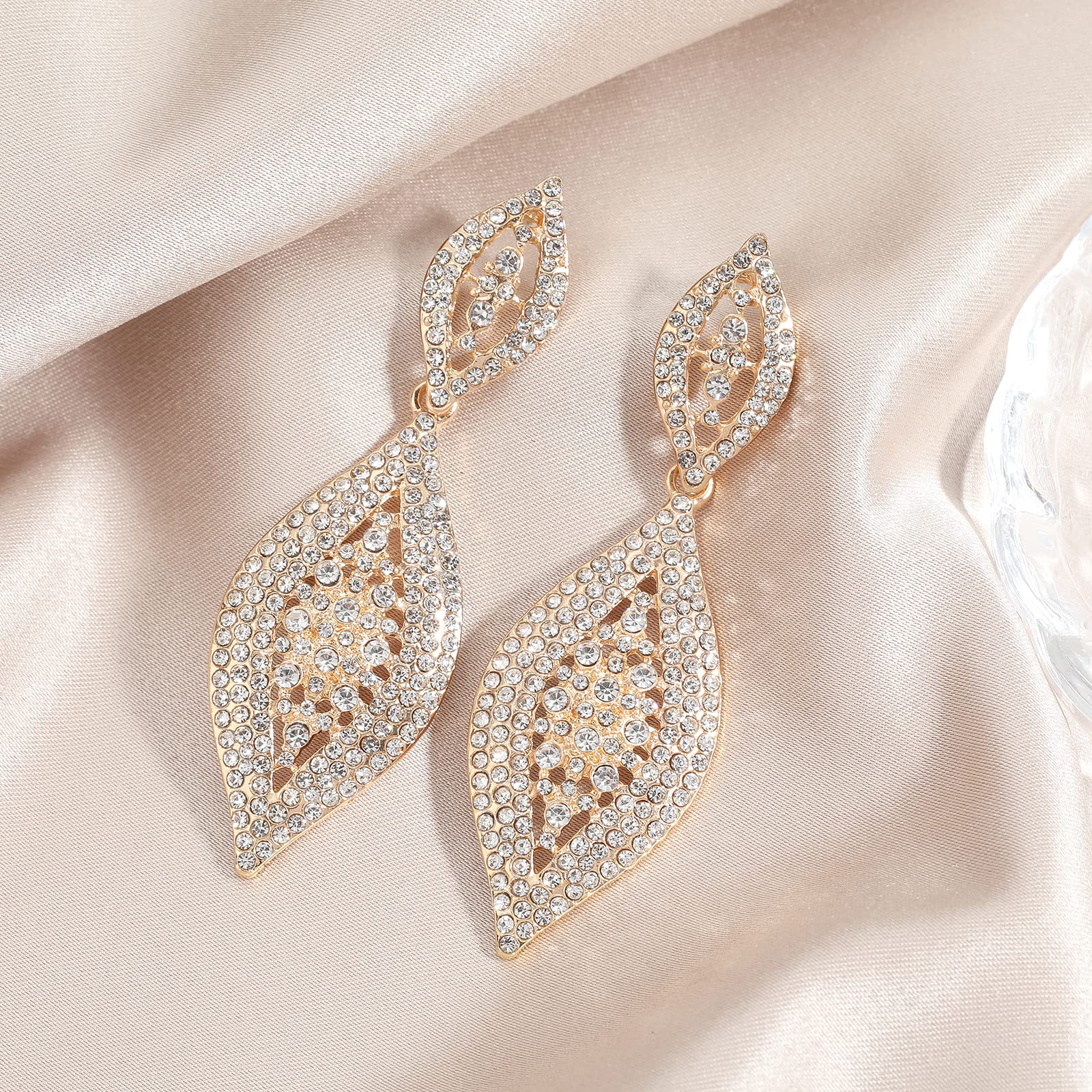 VANGETIMI Fashion Champagne Rhinestone Crystal Wedding Earrings for Women Bridal Bridesmaid Long Leaf Chandelier Teardrop Dangle Earrings Jewelry