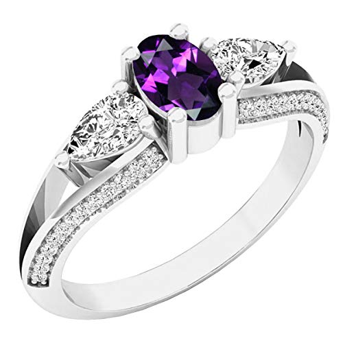 Dazzlingrock Collection 10K 6X4 MM Oval Amethyst, Pear White Sapphire & Round Diamond 3 Stone Ring, White Gold, Size 4