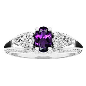 Dazzlingrock Collection 10K 6X4 MM Oval Amethyst, Pear White Sapphire & Round Diamond 3 Stone Ring, White Gold, Size 4