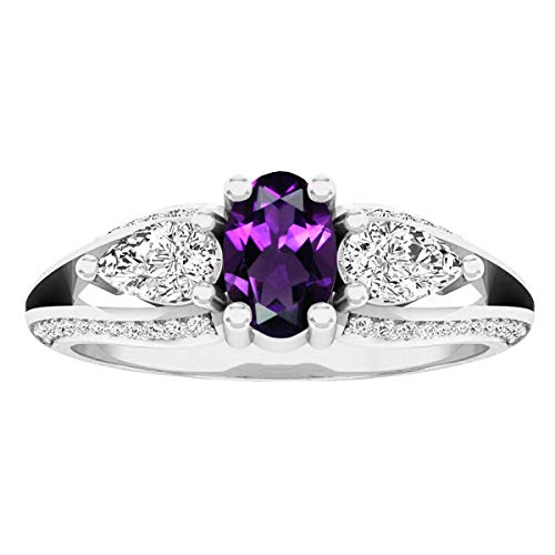 Dazzlingrock Collection 10K 6X4 MM Oval Amethyst, Pear White Sapphire & Round Diamond 3 Stone Ring, White Gold, Size 4