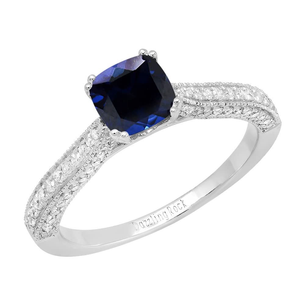 Dazzlingrock Collection 18K 6 MM Cushion Created Blue Sapphire And Round Diamond Women Ring, White Gold, Size 8.5