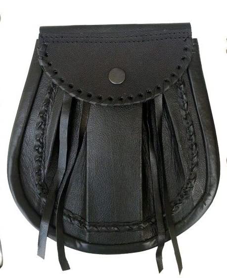 Scottish Kilt Black Leather Sporran of ROB ROY Jacobite with Lace Tassels & Chain Belt Medium