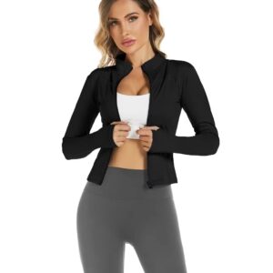 Aolpioon Women's Quick Dry Stretchy Sweat Shirt Long Sleeve Athletic Crop Jackets Yoga Tennis Golf Tight Fitted Light Jacket Black L