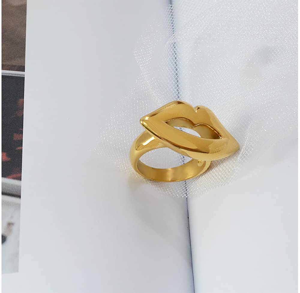 Fashion Lip Statement Ring for Women Stainless Steel 18K Gold Plated Chunky Wide Band Finger Rings Comfort Fit Cute Christmas Birthday Valentine Jewelry Gift Size 8 (Gold)