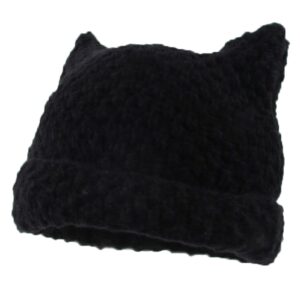 women striped beanie hat with little devil horn winter warm cap cute cat ears knitted hat fall (black)