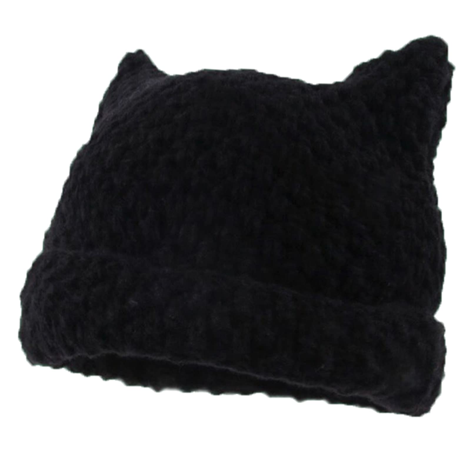 Women Striped Beanie Hat with Little Devil Horn Winter Warm Cap Cute Cat Ears Knitted Hat Fall (Black)