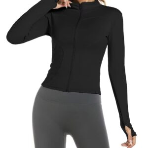 Aolpioon Women's Quick Dry Stretchy Sweat Shirt Long Sleeve Athletic Crop Jackets Yoga Tennis Golf Tight Fitted Light Jacket Black L