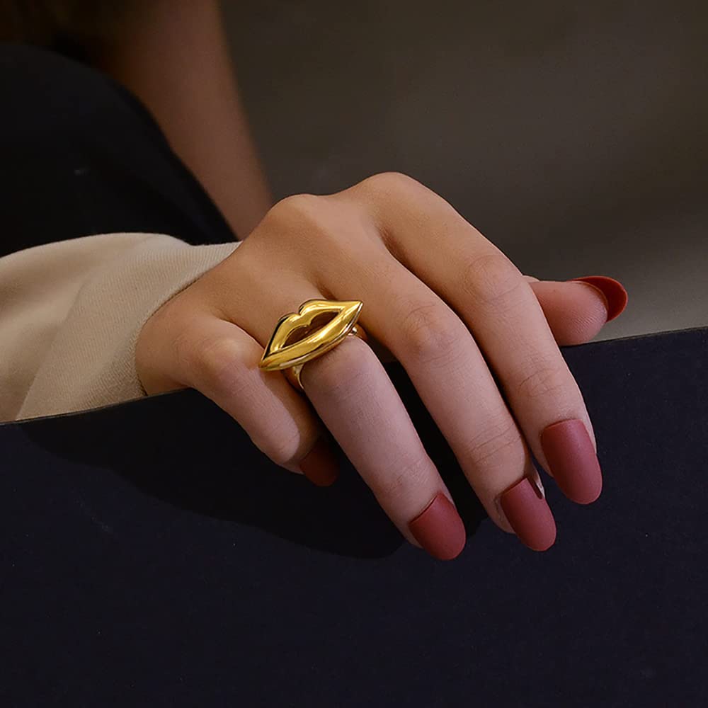 Fashion Lip Statement Ring for Women Stainless Steel 18K Gold Plated Chunky Wide Band Finger Rings Comfort Fit Cute Christmas Birthday Valentine Jewelry Gift Size 8 (Gold)