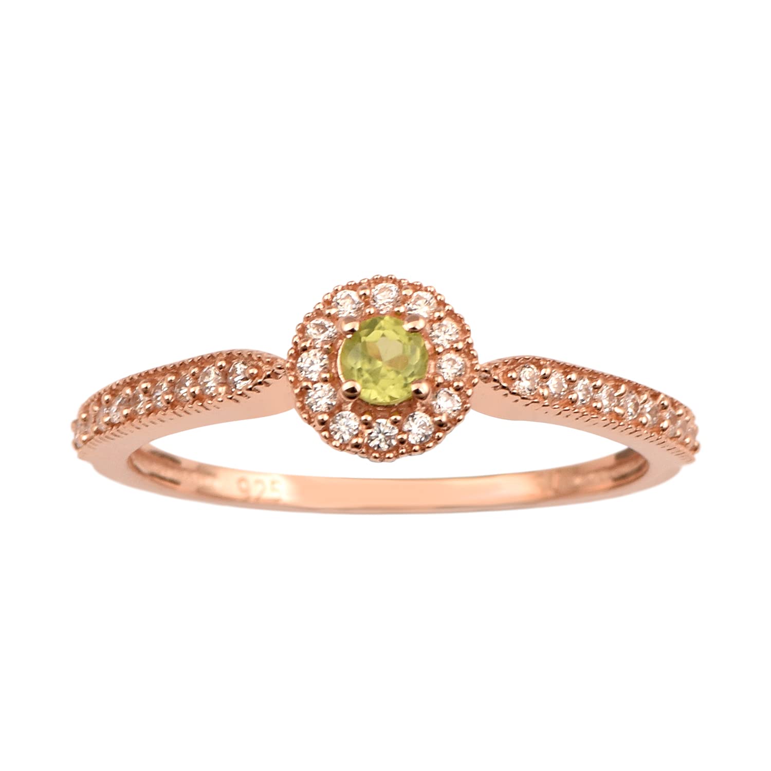 MOONEYE 3MM Round Shape Peridot Gemstone 925 Sterling Silver Rose Gold Vermeil Solitaire Accents Women Ring (Rose Gold vermeil, 10)