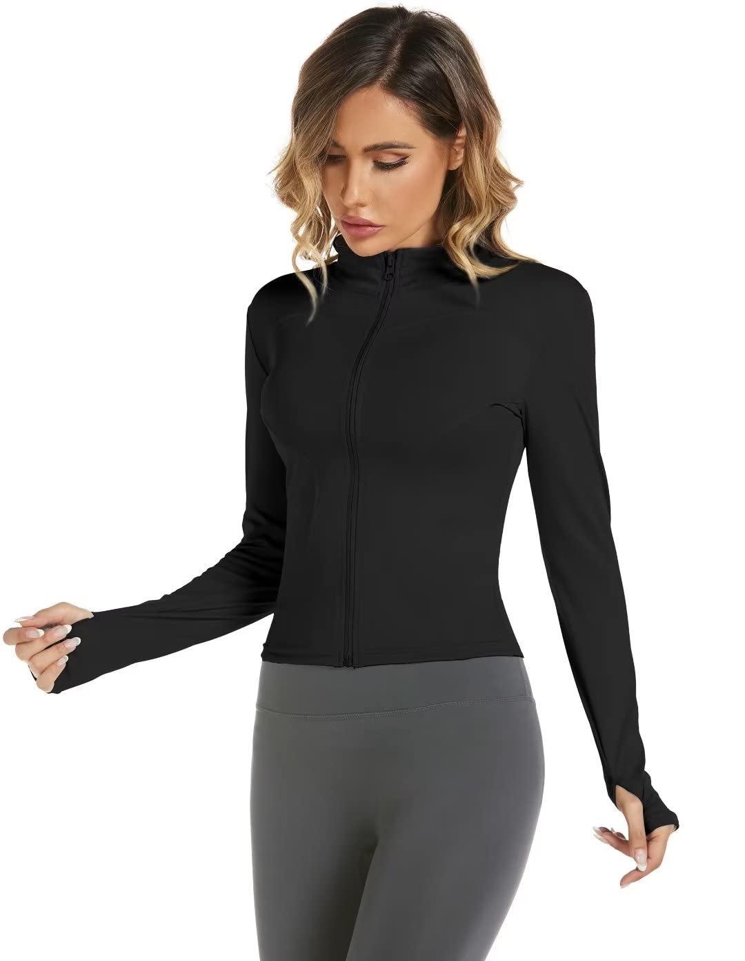 Aolpioon Women's Quick Dry Stretchy Sweat Shirt Long Sleeve Athletic Crop Jackets Yoga Tennis Golf Tight Fitted Light Jacket Black L