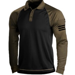 HARGLESMAN Men's Patriotic Polo Sports Long Sleeve T Shirt Tactical Performance US Flag Tops Autumn Fall Casual Tees for Yoga Bowling Golf Tennis Activewear Black and Brown L