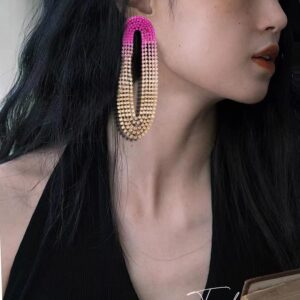 INLOLLY Pink Rhinestone Tassel Earrings for Women Sparkly Linear Fringe Crystal Dangle Earrings Long Shining Statement Dangling Chandelier Jewelry Fashion