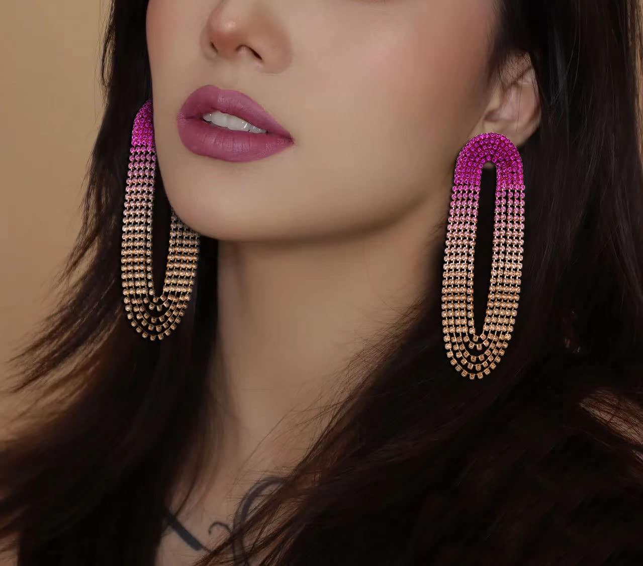 INLOLLY Pink Rhinestone Tassel Earrings for Women Sparkly Linear Fringe Crystal Dangle Earrings Long Shining Statement Dangling Chandelier Jewelry Fashion