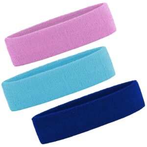 3 pack men & women sweatband headband terry cloth moisture wicking for sports tennis gym work out (purple,sky blue,blue)