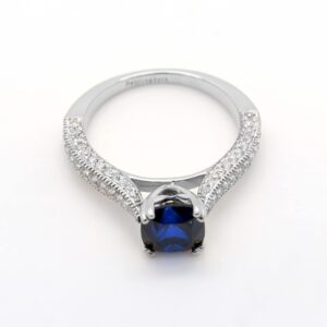 Dazzlingrock Collection 18K 6 MM Cushion Created Blue Sapphire And Round Diamond Women Ring, White Gold, Size 8.5