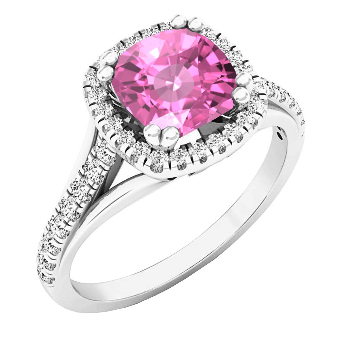 Dazzlingrock Collection 18K 7 MM Cushion Created Pink Sapphire & Round Diamond Women Ring, White Gold, Size 7.5