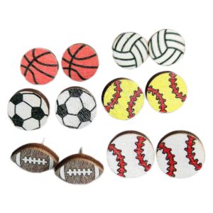 6 pairs handmade wooden sports football wooden stud earrings bulk baseball volleyball soccer basketball for women sport lover friendship jewelry