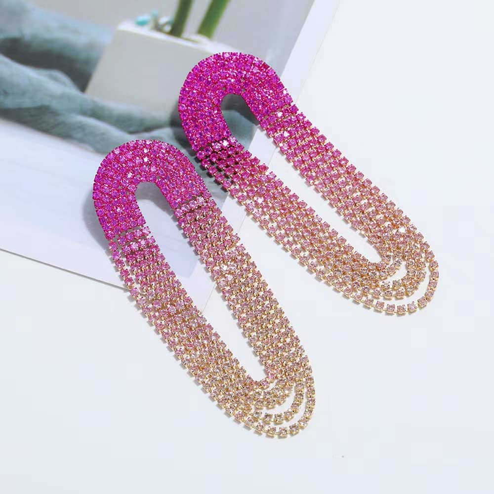 INLOLLY Pink Rhinestone Tassel Earrings for Women Sparkly Linear Fringe Crystal Dangle Earrings Long Shining Statement Dangling Chandelier Jewelry Fashion