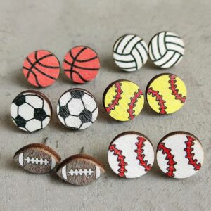 6 Pairs Handmade Wooden Sports FootBall Wooden Stud Earrings Bulk Baseball Volleyball Soccer Basketball for Women Sport Lover Friendship Jewelry