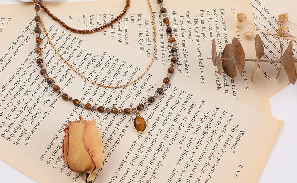 Bohemian Beaded Choker Necklaces for Women Handmade Multilayered Hippie Necklaces Boho Natural Stone Tiger Eye Beads Strand Vintage Opal Stone Pendant Statement Necklace Jewelry Gift for Women, Brown