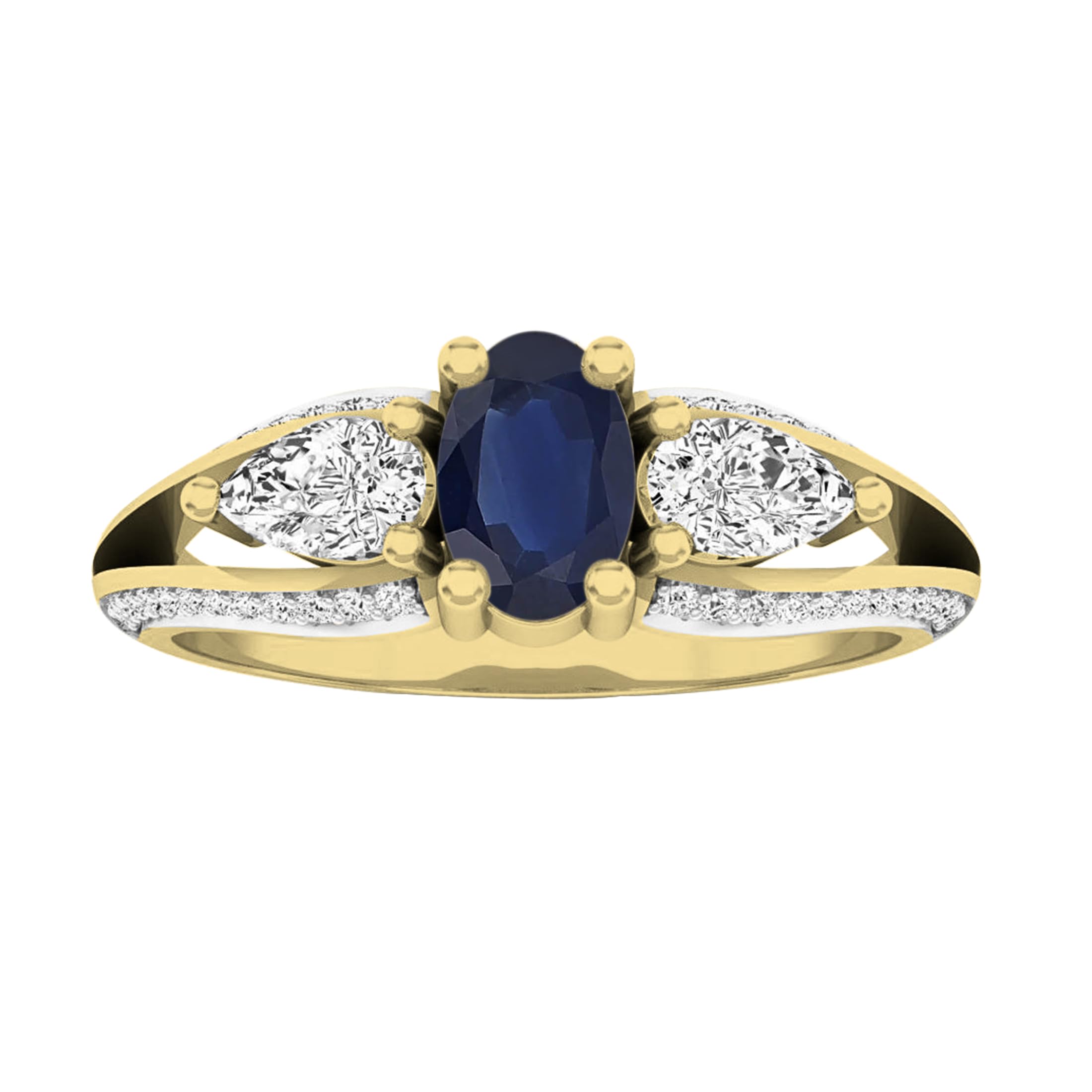 Dazzlingrock Collection 18K 6X4 MM Blue Sapphire, Pear White Sapphire & Round Diamond 3 Stone Ring, Yellow Gold, Size 9.5