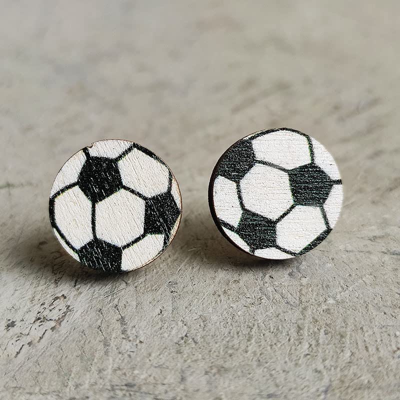 6 Pairs Handmade Wooden Sports FootBall Wooden Stud Earrings Bulk Baseball Volleyball Soccer Basketball for Women Sport Lover Friendship Jewelry