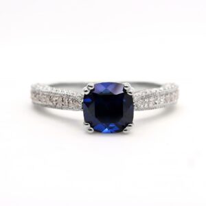 Dazzlingrock Collection 18K 6 MM Cushion Created Blue Sapphire And Round Diamond Women Ring, White Gold, Size 8.5