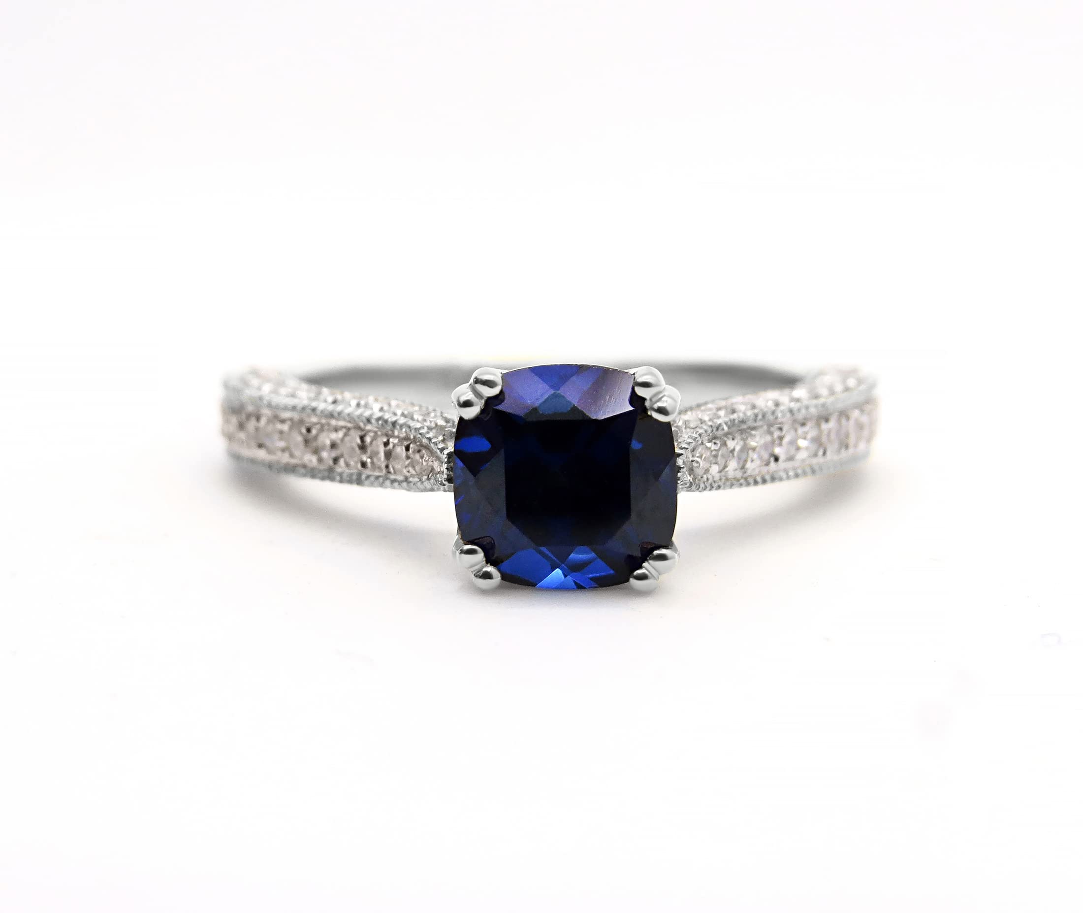 Dazzlingrock Collection 18K 6 MM Cushion Created Blue Sapphire And Round Diamond Women Ring, White Gold, Size 8.5