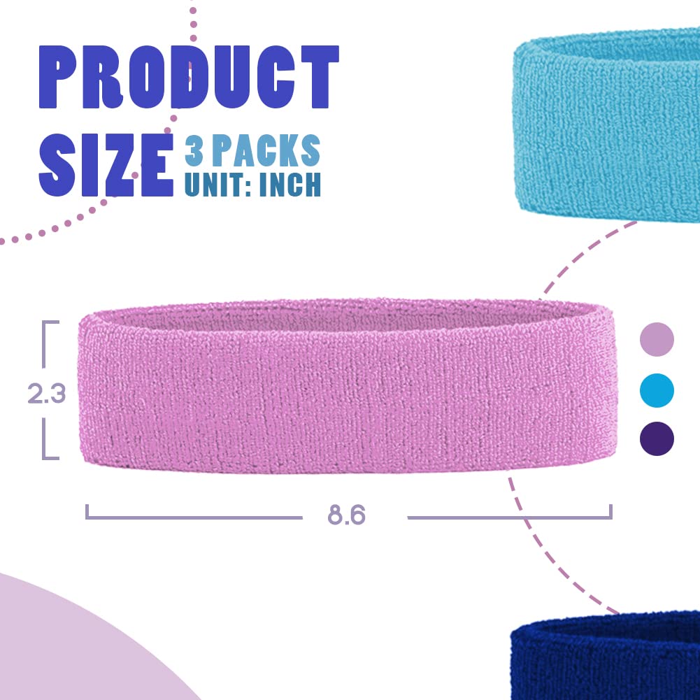 3 Pack Men & Women Sweatband Headband Terry Cloth Moisture Wicking for Sports Tennis Gym Work Out (Purple,Sky Blue,Blue)