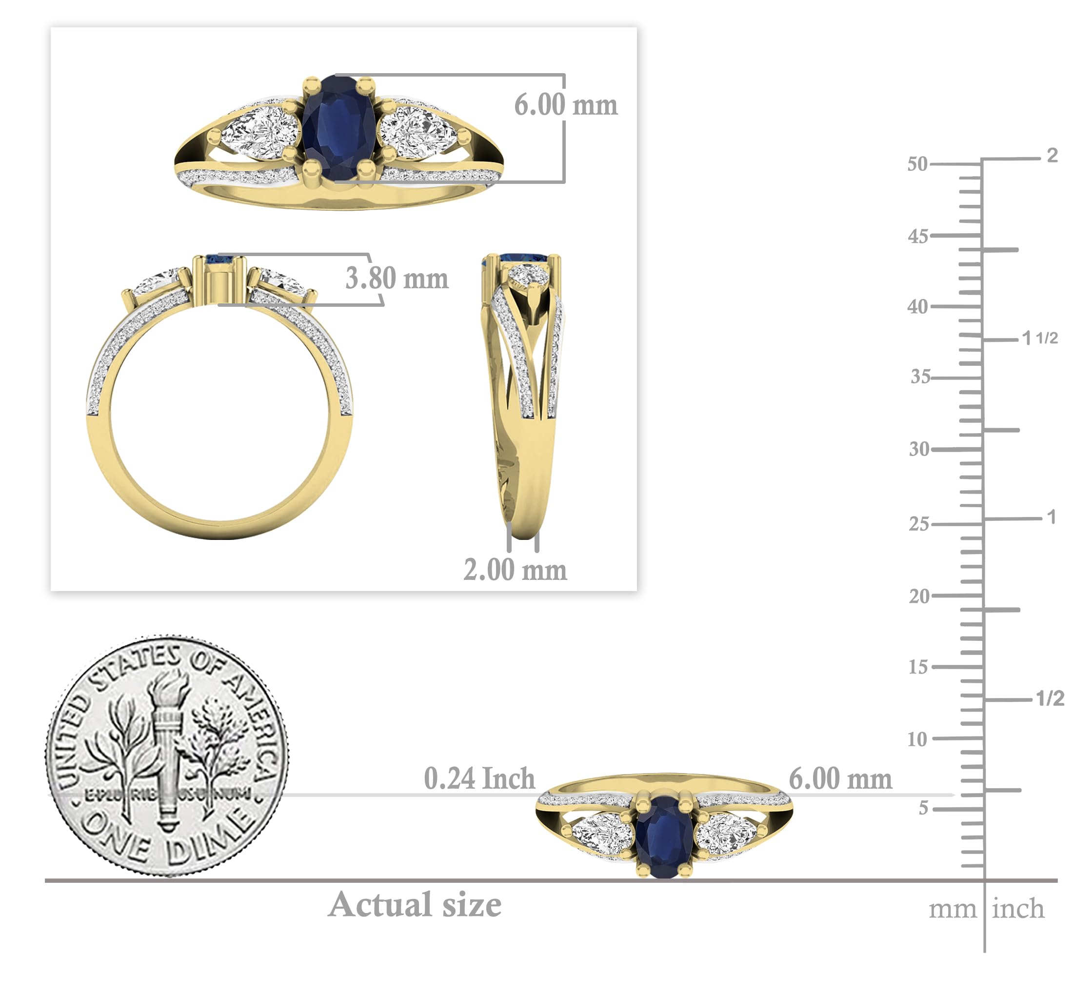 Dazzlingrock Collection 18K 6X4 MM Blue Sapphire, Pear White Sapphire & Round Diamond 3 Stone Ring, Yellow Gold, Size 9.5