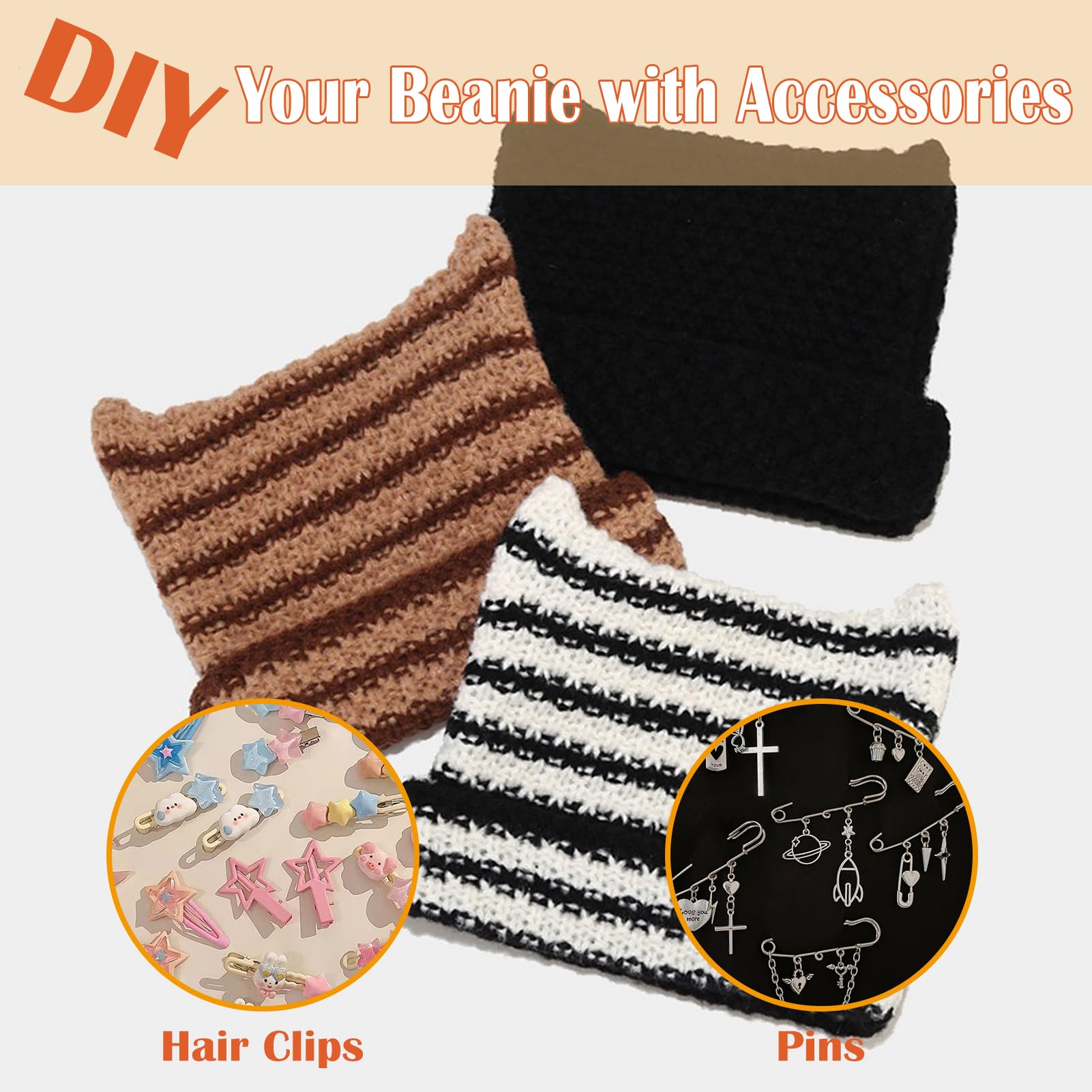 Women Striped Beanie Hat with Little Devil Horn Winter Warm Cap Cute Cat Ears Knitted Hat Fall (Black)