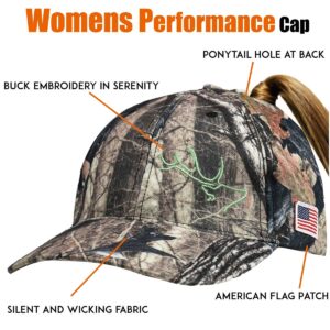 EDTREK Womens Performance Cap Hat with Ponytail Hole - Camo and Blaze Orange Hunting Hats (in Deep Camo)