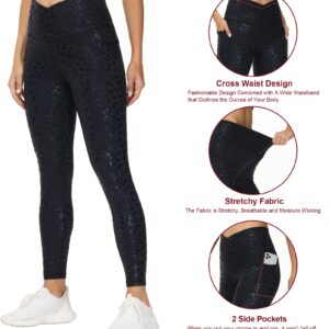 THE GYM PEOPLE Women's V Cross Waist Workout Leggings Tummy Control Running Yoga Pants with Pockets(Black Leopard, Large)