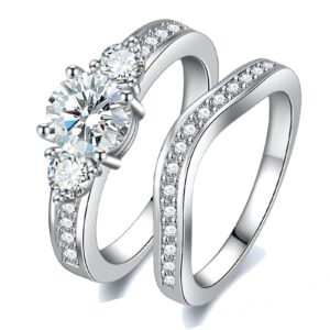 yoyeewyns 18k white gold plated three stones bridal ring set for women engagement rings curved wedding band cubic zirconia size 7