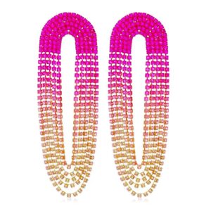 inlolly pink rhinestone tassel earrings for women sparkly linear fringe crystal dangle earrings long shining statement dangling chandelier jewelry fashion