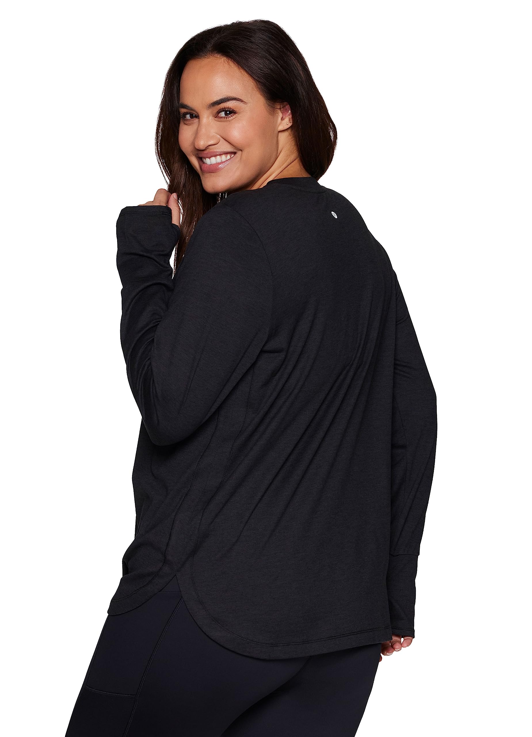 RBX Active Women's Plus Size Workout Top with Thumbholes, Buttery Soft Lightweight Long Sleeve T-Shirt Tunic Relaxed Fit Yoga Top F22 Black-Grey Heather 2X