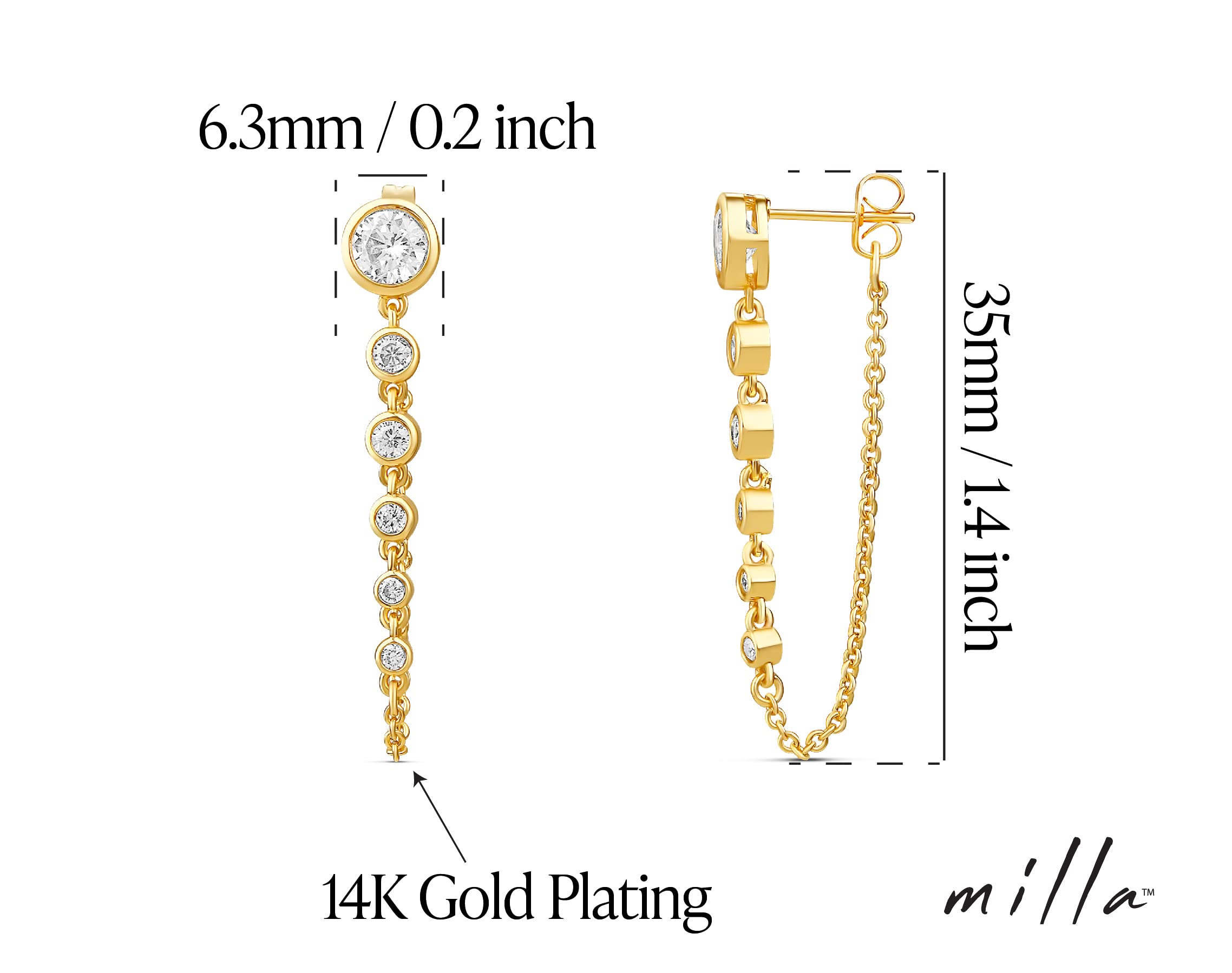 MILLA Dangle Earrings for Women - Cute Designer Earrings for Women Trendy Gold Chain Earrings & Sterling Silver Dangly Earrings (Round CZ / 14K Gold Plated)