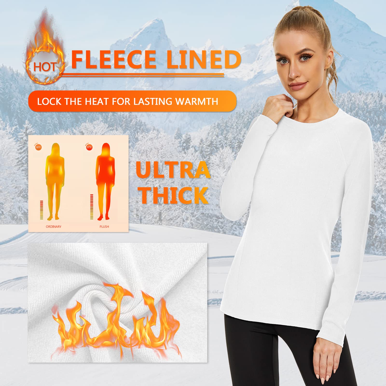 WOWENY Thermal Shirts for Women Base Layer Ultra Soft Fleece Lined Long Sleeve Top Thermal Underwear Winter Cold Weather(White,Medium)