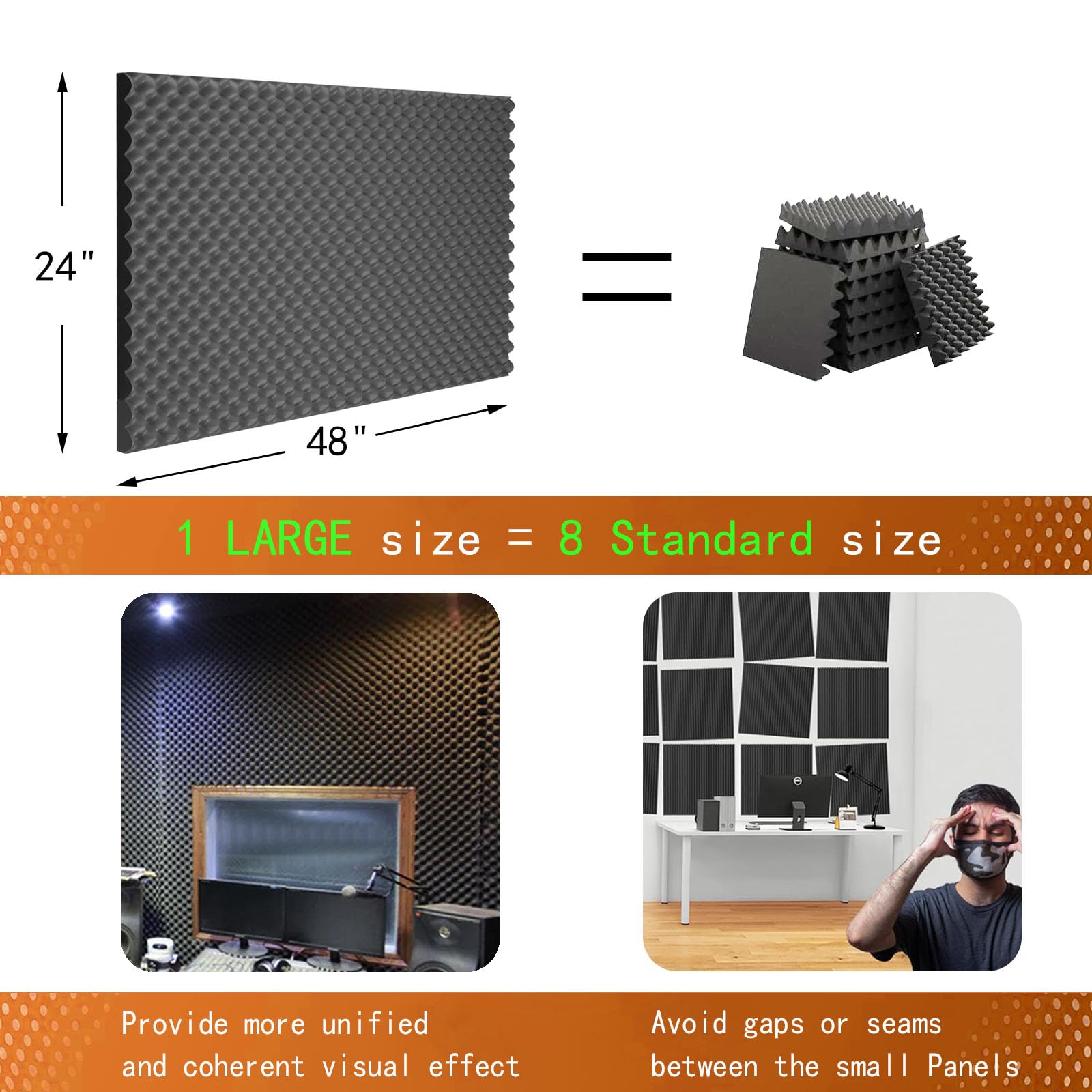 FOUCARSI Acoustic Foam Egg Crate Panel Studio Foam Wall Panel 48" X 24" X 1" (4 PACK, Black)