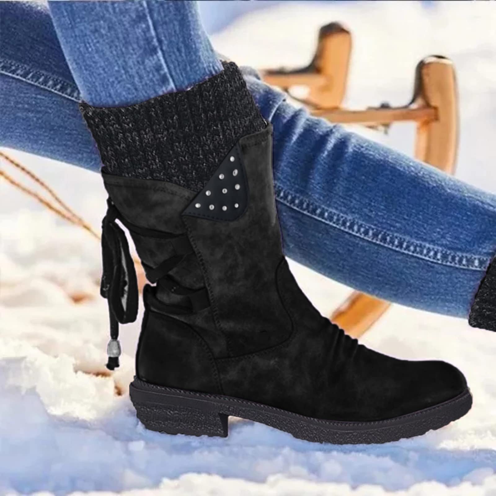 Womens Sandals, Winter Boots for Women Women's Ankle Strap Boots Sparkly Shoes Heeled Booties Tennis Volleyball Boots Comfort Shoes for Women Black