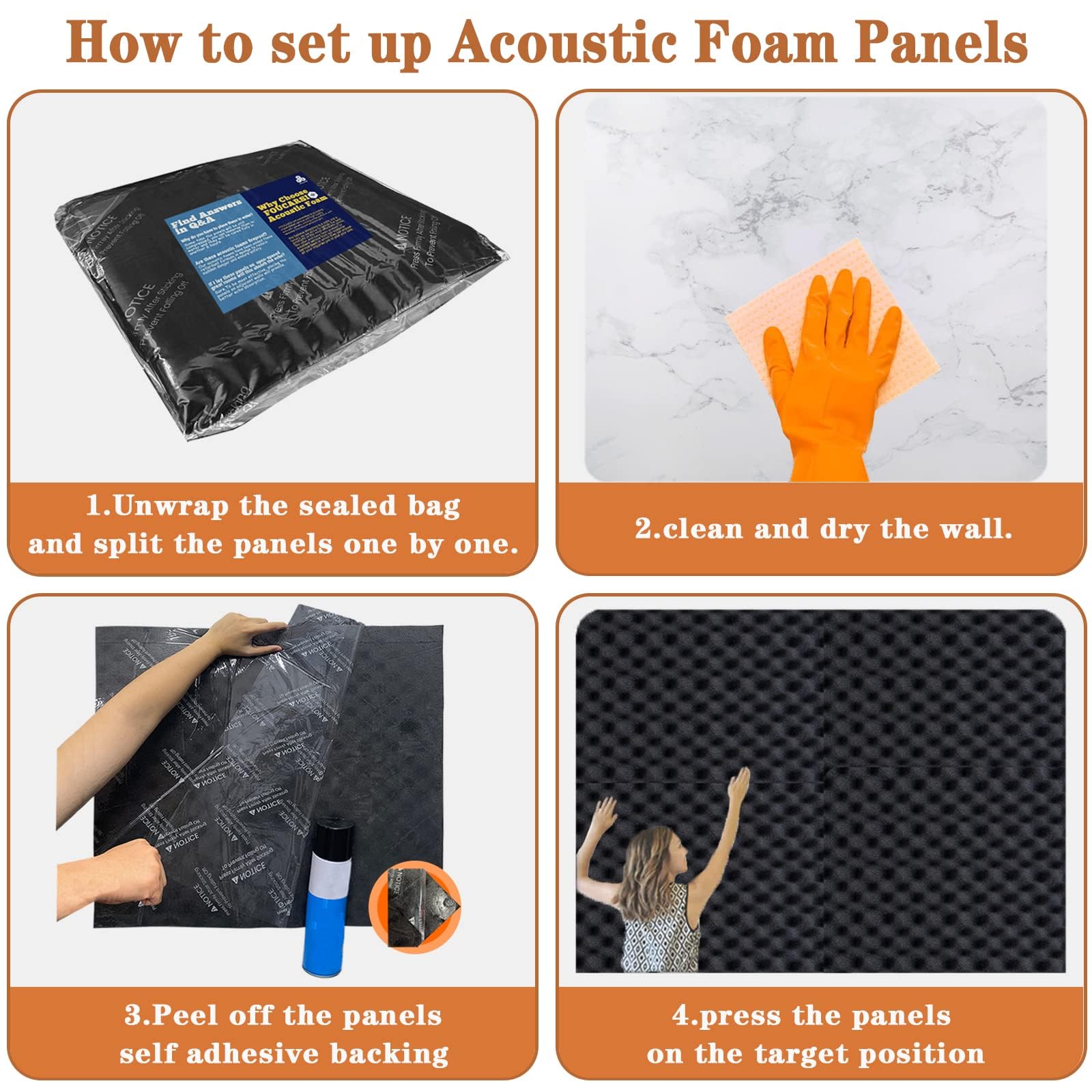 FOUCARSI Acoustic Foam Egg Crate Panel Studio Foam Wall Panel 48" X 24" X 1" (4 PACK, Black)